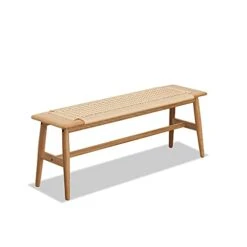 Tennozu Woven Bench, 32" L FAS Grade 100% Solid Oak Wood Dining Room Bench W/Rustic, Hand Woven Design, Firm Mortise & Tenon Structure, Long Bench For Dining Room/Entryway/Bedroom, White (Beige)