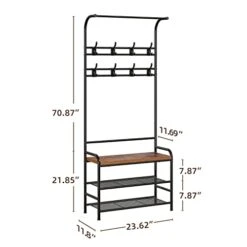 Amyove Coat Rack Shoe Bench, 3-in-1 Hall Tree Shoe Rack For Entryway, 3-Tier Storage Shelf And 8 Hooks Removable, Industrial Accent Furniture With Steel Frame, Multifunctional Hallway Organizer -Amazon Store 31rRelW9McL