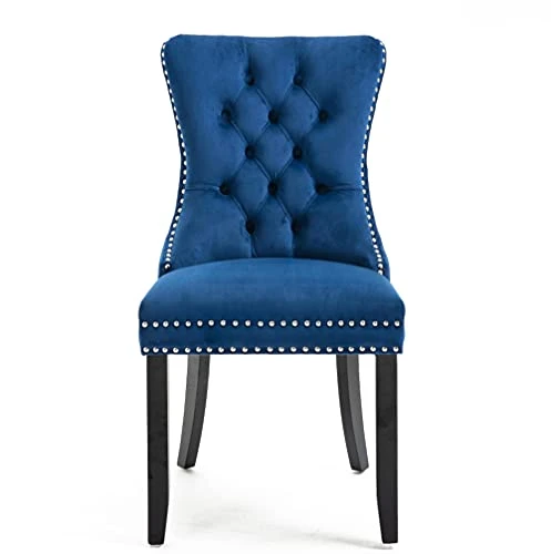 Winwee Set Of 2 Dining Chairs Leisure Padded Chair, Tufted Solid Wood Velvet Upholstered Dining Chair With Nailhead Trim& Ring Pull For Kitchen, Living Room (Blue), (WINWETO-00192) 5 Winwee Set Of 2 Dining Chairs Leisure Padded Chair, Tufted Solid Wood Velvet Upholstered Dining Chair With Nailhead Trim& Ring Pull For Kitchen, Living Room (Blue), (WINWETO-00192) - Image 3