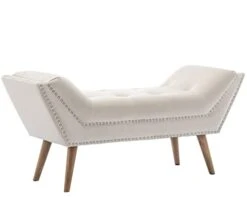 Chairus Upholstered Bedroom Bench With Armrest, Velvet Fabric Vanity Bench With Tufted Button & Nailhead Trim, Light Beige