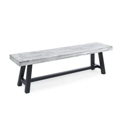 Cytheria Indoor Farmhouse Light Grey Sandblast Finish Acacia Wood Dining Bench With Black Rustic Metal Finish Frame