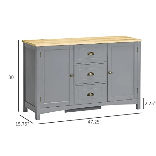 HOMCOM Sideboard Buffet Cabinet, Retro Kitchen Cabinet, Coffee Bar Cabinet With Rubber Wood Top, Drawers, Adjustable Shelves For Living Room, Entryway, Gray 5 HOMCOM Sideboard Buffet Cabinet, Retro Kitchen Cabinet, Coffee Bar Cabinet With Rubber Wood Top, Drawers, Adjustable Shelves For Living Room, Entryway, Gray - Image 3