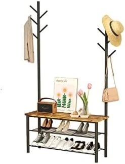 HOMEFORT 3-Tier Shoe Bench With Coat Rack, Coat Stand Entryway Bench, Shoe Rack With 9 Hanging Hooks, Sturdy Metal Frame And MDF Top, Industrial Hall Tree For Hallway, Bedroom(Rustic Brown)…… -Amazon Store 31uNgS S8GL. AC