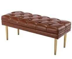Guyou 42 In Tufted Leather End Of Bed Bench Gold Legs, Modern Vintage Entryway Ottoman Bench, Upholstered Foyer Bench With Gold Legs For Living Room Bedroom (Brown)
