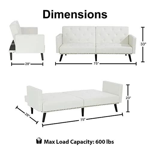 Tufted Split Back Futon, Mid Century Modern Convertible Sofa Bed For Small Rooms, Faux Leather Couch With Elegant Design, Perfect For Your Modern Living Room Or Guest Room - White, Faux Leather 4 Tufted Split Back Futon, Mid Century Modern Convertible Sofa Bed For Small Rooms, Faux Leather Couch With Elegant Design, Perfect For Your Modern Living Room Or Guest Room - White, Faux Leather - Image 2