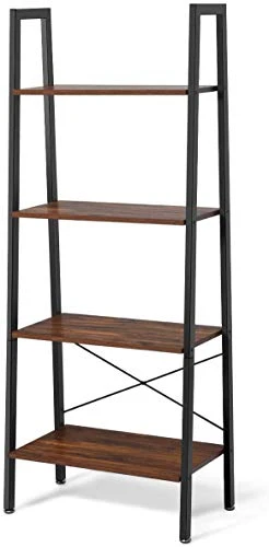 Moccha Four-Layer Shelf, Industrial Ladder Shelf, Rustic Storage Rack, Stable Display Shelf, Metal Frame Bookshelf, Free-Standing Flower Shelf, Ideal For Living Room, Garden, Office