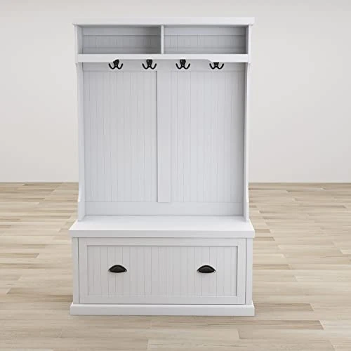 Entryway Hall Tree With Coat Rack 4 Hooks And Storage Bench Shoe Cabinet White White Solid MDF Wood Finish 5 Entryway Hall Tree With Coat Rack 4 Hooks And Storage Bench Shoe Cabinet White White Solid MDF Wood Finish - Image 3