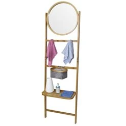 Bamboo Wall Leaning Ladder With Storage Shelf, Circular Mirror, Drainboard And Basket, Floor Standing Modern Storage Organizer Holder Rack With 4 Hanging Hooks For Bathroom Living Room Bedroom (4)