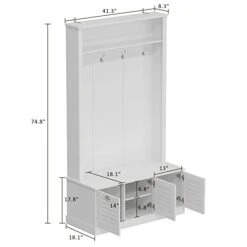ECACAD Hall Tree With Storage Bench & Doors, 3-in-1 Entryway Bench With Coat Rack, Tall Hall Tree With 4 Metal Hooks & Storage Shelf For Hallway, Living Room, White (41.3”W X 18.1”D X 74.8”H) -Amazon Store 31xhLzCBVCL