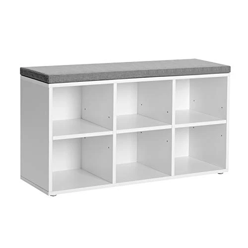 VASAGLE Shoe Bench, Shoe Storage Organizer With 6 Compartments And 3 Adjustable Shelves, Cushioned Seat, Compact And Narrow, For Entryway, Hallway, Closet, White And Gray ULHS23WT 3 VASAGLE Shoe Bench, Shoe Storage Organizer With 6 Compartments And 3 Adjustable Shelves, Cushioned Seat, Compact And Narrow, For Entryway, Hallway, Closet, White And Gray ULHS23WT