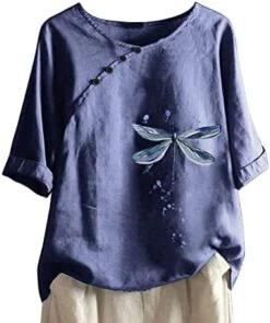 Womens Cotton Linen Shirts Casual Summer 3/4 Sleeve Tops Dandelion Print Tunic Tees Casual Crewneck Loose Fit Blouses -Amazon Store 41 UYZhaqL. AC