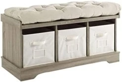 Walker Edison Modern Farmhouse Entryway Shoe Storage Bench Totes Upholstered Cushion Hallway Organizer, 42 Inch, Grey Wash & Farmhouse Square Side Accent Table Set, 18 Inch, Grey Wash -Amazon Store 41 g4cjkhdL. AC