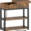 Rolanstar End Table With Charging Station, Narrow Nightstand, Flip Top Side Table With USB Ports And Storage Shelves For Small Spaces, Living Room, Bedroom (Rustic Brown)