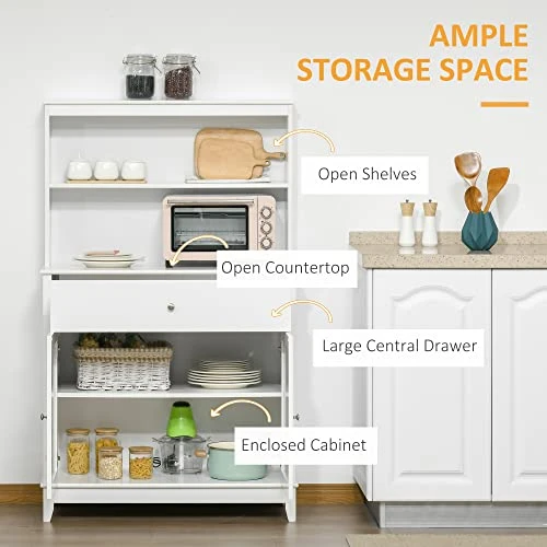 HOMCOM Modern 58" Kitchen Buffet With Hutch, Microwave Cabinet With Drawer And Storage Cupboard, White 6 HOMCOM Modern 58" Kitchen Buffet With Hutch, Microwave Cabinet With Drawer And Storage Cupboard, White - Image 4