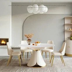 53 Inches White Round Marble Dining Table With 6 Chairs With Petal-Shaped Unique Design, Round Dining Table Set For 6-8 Petal PU Leather & Metal Base Adding Elegant Texture -Amazon Store 410HIw6QRkL. AC