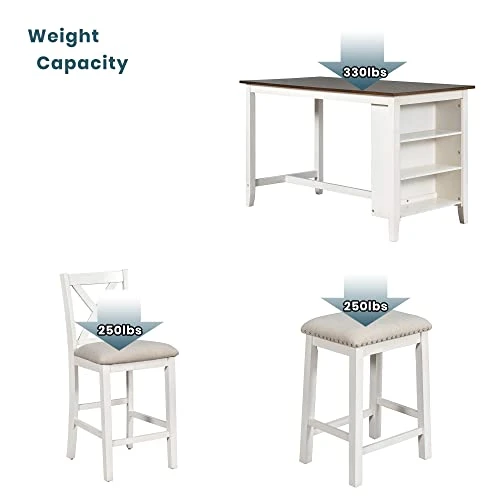 BEDGJH Rustic Counter Height Dining Table Set, 5 Pieces Wooden Bar Table Set With 2 Stools And 2 Chairs, Multipurpose Kitchen Dining Room Set For 4 (White) 4 BEDGJH Rustic Counter Height Dining Table Set, 5 Pieces Wooden Bar Table Set With 2 Stools And 2 Chairs, Multipurpose Kitchen Dining Room Set For 4 (White) - Image 2