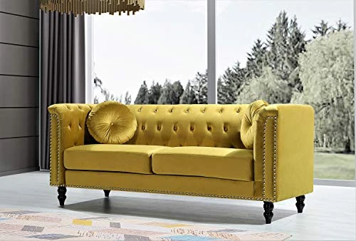 Container Furniture Direct Kittleson Upholstered 75 Velvet Chesterfield Sofa For Living Room, Apartment Or Office, Mid Century Modern Couch With Diamond Tufts And Nailhead Accent, 75.98", Tuscan Sun 3 Container Furniture Direct Kittleson Upholstered 75 Velvet Chesterfield Sofa For Living Room, Apartment Or Office, Mid Century Modern Couch With Diamond Tufts And Nailhead Accent, 75.98", Tuscan Sun