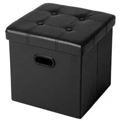 SONGMICS 15 Inches Folding Storage Ottoman, Cube Footrest, Puppy Step, Coffee Table With Hole Handles, Max. Static Load 660 Lb, Faux Leather, Black ULSF30B