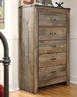 Signature Design By Ashley Trinell Rustic 5 Drawer Chest Of Drawers With Nailhead Trim, Warm Brown