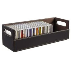 Stock Your Home CD Storage Box, Organizer Shelf For Movie Cases, DVDs, Cassette Tape Display Stand, Disc Holder Can Store Up To 40 CDs, Faux Leather (Brown)