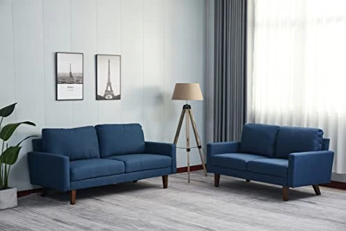 INSTORY Linen Sofa Set Modern Sofa & Loveseat Set 2 Piece Couch Set With Wooden Legs For Living Room, Office, Bedroom - Dark Blue 9 INSTORY Linen Sofa Set Modern Sofa & Loveseat Set 2 Piece Couch Set With Wooden Legs For Living Room, Office, Bedroom - Dark Blue - Image 7