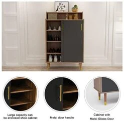 Mecor Shoe Rack Storage Cabinet, 2-Door Shoebox Container Organizer Standing W/ Sliding Door For Hallway Entryway Living Room Bathroom, Walnut/ Black -Amazon Store 411BStIsBdL