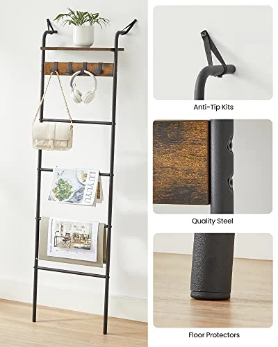 VASAGLE Blanket Ladder Shelf, Blanket Holder Rack For Living Room, Decorative Ladder With Removable Hooks, Top Storage Shelf, Metal Frame, Rustic Brown And Black ULLS017B01 7 VASAGLE Blanket Ladder Shelf, Blanket Holder Rack For Living Room, Decorative Ladder With Removable Hooks, Top Storage Shelf, Metal Frame, Rustic Brown And Black ULLS017B01 - Image 5