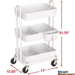 Simple Houseware 3-Tier Kitchen Cart Multifunctional Rolling Utility Cart With 2 Dividers And Hanging Bucket, White -Amazon Store 411MlgX88nL