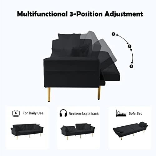 Lepfun Velvet Futon Sofa Bed, Memory Foam Couch Set, Upholstered Modern Daybed Convertible Folding Loveseat Recliner With Pillows And Wooden Frame For Compact Living Room, Apartment,Dorm,Office(Black) 7 Lepfun Velvet Futon Sofa Bed, Memory Foam Couch Set, Upholstered Modern Daybed Convertible Folding Loveseat Recliner With Pillows And Wooden Frame For Compact Living Room, Apartment,Dorm,Office(Black) - Image 5