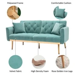 SSLine Velvet Loveseat Sofa,64inch Modern Futon Couch Sofa Couch With 2 Pillows And Rose Gold Metal Feet,Upholstered Accent Sofa Folding Sofa Bed For Living Room Bedroom(Lights Blue, Type-2) -Amazon Store 411XFYMpSxL