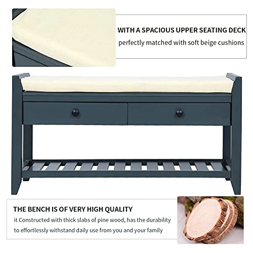 Harper & Bright Designs Storage Bench, Shoe Rack With Cushioned Seat And Drawers, Multipurpose Storage Bench For Entryway, Antique Navy 8 Harper & Bright Designs Storage Bench, Shoe Rack With Cushioned Seat And Drawers, Multipurpose Storage Bench For Entryway, Antique Navy - Image 6