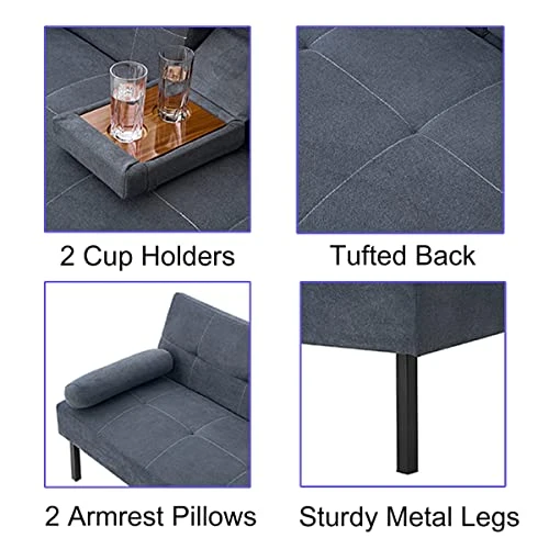 Panana Futon Sofa Bed Linen Fabric Upholstered Modern Convertible Folding Futon Sofa Bed Daybed Guest Bed, 5 Angles Adjustable, 2 Cup-Holders (Grey) 5 Panana Futon Sofa Bed Linen Fabric Upholstered Modern Convertible Folding Futon Sofa Bed Daybed Guest Bed, 5 Angles Adjustable, 2 Cup-Holders (Grey) - Image 3