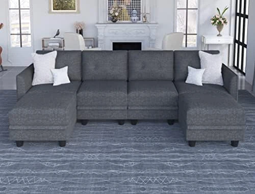 LLappuil Modular Sectional Sofa With Storage, Faux Leather Fabric 7 Seater Modular Sofa With Reversible Chaise, 112 Inch Convertible U Shape Sectional Couch With Ottomans, Aqua Blue 7 LLappuil Modular Sectional Sofa With Storage, Faux Leather Fabric 7 Seater Modular Sofa With Reversible Chaise, 112 Inch Convertible U Shape Sectional Couch With Ottomans, Aqua Blue - Image 5