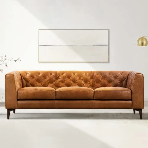 POLY & BARK Essex Leather Couch – 89-Inch Leather Sofa With Tufted Back - Full Grain Leather Couch With Feather-Down Topper On Seating Surfaces – Vintage Pure-Aniline Italian Leather – Cognac Tan 3 POLY & BARK Essex Leather Couch – 89-Inch Leather Sofa With Tufted Back - Full Grain Leather Couch With Feather-Down Topper On Seating Surfaces – Vintage Pure-Aniline Italian Leather – Cognac Tan