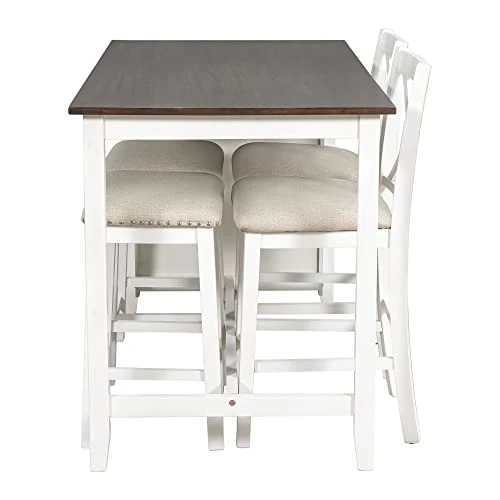BEDGJH Rustic Counter Height Dining Table Set, 5 Pieces Wooden Bar Table Set With 2 Stools And 2 Chairs, Multipurpose Kitchen Dining Room Set For 4 (White) 7 BEDGJH Rustic Counter Height Dining Table Set, 5 Pieces Wooden Bar Table Set With 2 Stools And 2 Chairs, Multipurpose Kitchen Dining Room Set For 4 (White) - Image 5