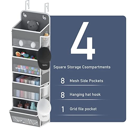 LONGD Over Door Organizer, Nursery Closet Cabinet Baby Storage, Over The Door Hat Rack, 4 Pockets And 1 Grid File Pockets Hanging Storage Boxes,45 Lbs. Weight Capacity, 1-Pack 5 LONGD Over Door Organizer, Nursery Closet Cabinet Baby Storage, Over The Door Hat Rack, 4 Pockets And 1 Grid File Pockets Hanging Storage Boxes,45 Lbs. Weight Capacity, 1-Pack - Image 3