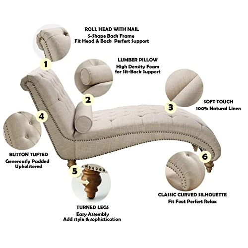 Rosevera Grier Polyester Upholstered Button Tufting Lounge Sofa Chair For Indoor Bedroom, Standard, Linen Beige Chaise 5 Rosevera Grier Polyester Upholstered Button Tufting Lounge Sofa Chair For Indoor Bedroom, Standard, Linen Beige Chaise - Image 3