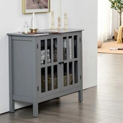 Tangkula Sideboard Buffet Storage Cabinet, Kitchen Storage Cabinet With 2 Glass Doors, Liquor Cabinet For Home Kitchen Dining Room, Cupboard Console Table, Curio Cabinet (Grey)