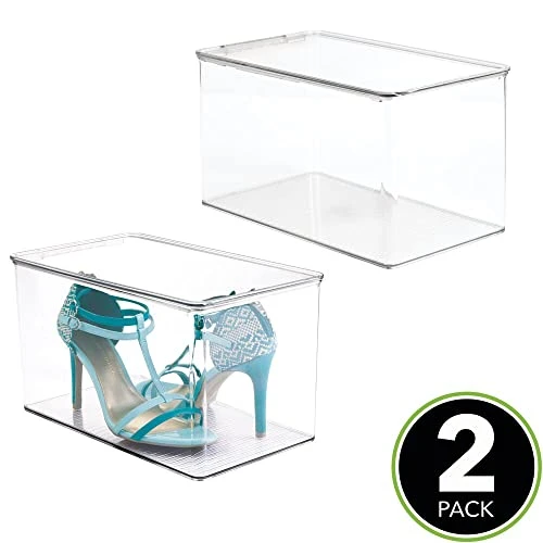 MDesign Stackable Plastic Closet Storage Container Bin Box With Hinge Lid For Organizing Shoes, Booties, Pumps, Sandals, Wedges, Flats, Heels - Lumiere Collection - 2 Pack - Clear 4 MDesign Stackable Plastic Closet Storage Container Bin Box With Hinge Lid For Organizing Shoes, Booties, Pumps, Sandals, Wedges, Flats, Heels - Lumiere Collection - 2 Pack - Clear - Image 2
