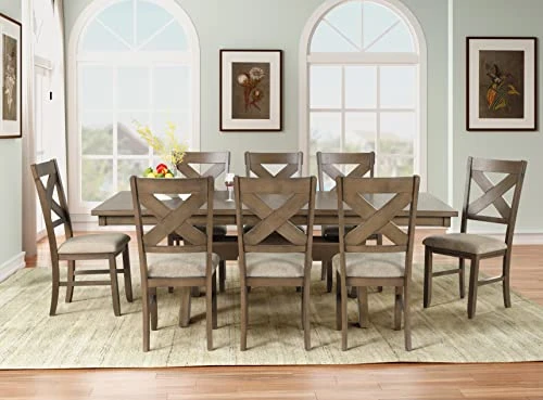 Roundhill Furniture Raven Wood 9-Piece Set, Extendable Trestle Dining Table With 8 Chairs, Glazed Pine Brown 4 Roundhill Furniture Raven Wood 9-Piece Set, Extendable Trestle Dining Table With 8 Chairs, Glazed Pine Brown - Image 2