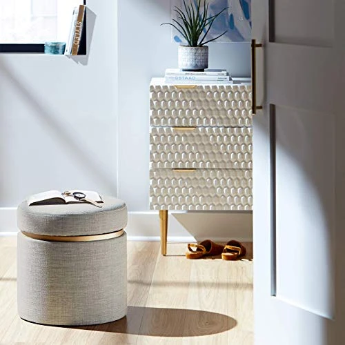 Amazon Brand – Rivet Asher Round Upholstered Storage Ottoman, 15.75"W, Light Grey 4 Amazon Brand – Rivet Asher Round Upholstered Storage Ottoman, 15.75"W, Light Grey - Image 2
