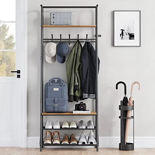 Coat Rack Shoe Bench With 5 Hooks, Hall Trees Entryway Bench With Storage, Multifunctional Hallway Organizer, Wood Look Accent Furniture With Metal Frame 7 Coat Rack Shoe Bench With 5 Hooks, Hall Trees Entryway Bench With Storage, Multifunctional Hallway Organizer, Wood Look Accent Furniture With Metal Frame - Image 5