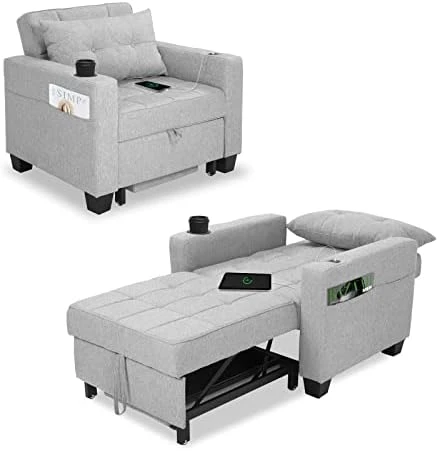 DURASPACE Futon Sofa Bed, 3 In 1 Convertible Sofa Chair Bed, Adjustable Backrest Chair, Chaise Lounge With USB Ports, Cup Holder, Side Pocket, Storage Box For Living Room (Light Gray Linen) 15 DURASPACE Futon Sofa Bed, 3 In 1 Convertible Sofa Chair Bed, Adjustable Backrest Chair, Chaise Lounge With USB Ports, Cup Holder, Side Pocket, Storage Box For Living Room (Light Gray Linen) - Image 13