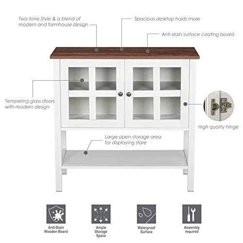 Spirich Home Sideboard Buffet Cabinet, Kitchen Storage Cabinet With 2 Glass Doors And Adjustable Shelf, Wood Cupboard Console Table For Dining Room White 8 Spirich Home Sideboard Buffet Cabinet, Kitchen Storage Cabinet With 2 Glass Doors And Adjustable Shelf, Wood Cupboard Console Table For Dining Room White - Image 6