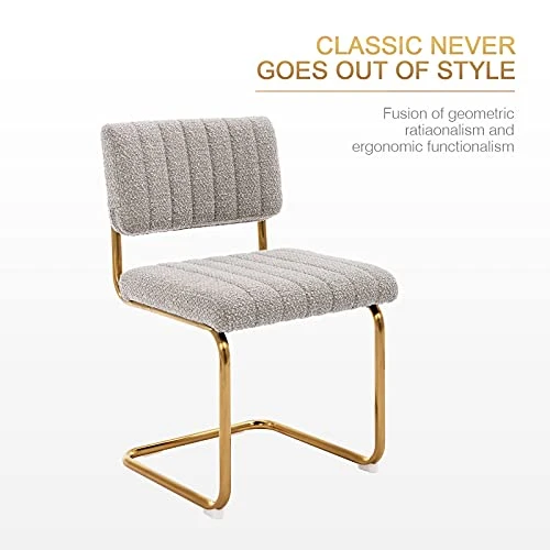 Zesthouse Mid-Century Modern Dining Chairs With Gold Metal Base, Accent Armless Kitchen Chairs With Channel Tufting, Upholstered Boucle Fabric Side Chairs, Set Of 2, Grey Khaki 4 Zesthouse Mid-Century Modern Dining Chairs With Gold Metal Base, Accent Armless Kitchen Chairs With Channel Tufting, Upholstered Boucle Fabric Side Chairs, Set Of 2, Grey Khaki - Image 2