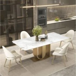 Wohh Marble Dining Table Set For 6-8 People Without Chairs Gold U-Shaped Base, Stone Top Dining Table 71" L X35.5 WX 29.5" H, Marble Top Dining Table Gold Metal(ONLY Table)