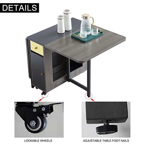 FUNROLUX Folding Dining Table With Storage Rack And 2 Drawers, Movable Kitchen Table Extendable Versatile Table Space Saving Foldable In 3 Forms (Grey) 7 FUNROLUX Folding Dining Table With Storage Rack And 2 Drawers, Movable Kitchen Table Extendable Versatile Table Space Saving Foldable In 3 Forms (Grey) - Image 5