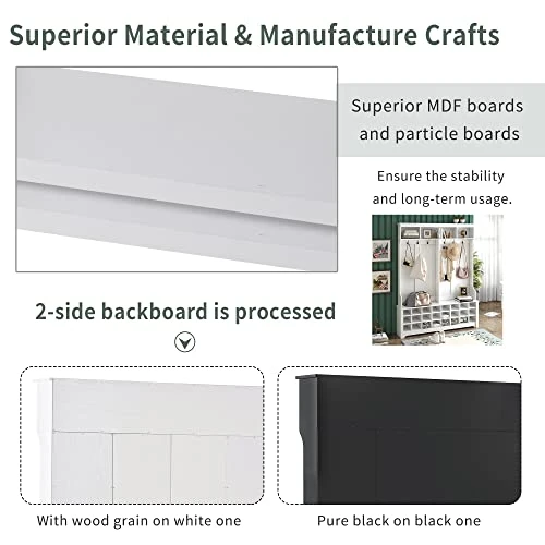 GENERIC Hall Tree With Metal Black Hooks, Modern Style Multiple Functions Entryway Bench 60" Wide Hallway Coat Rack With Ample Storage Space And 24 Shoe Cubbies (White+Particle Board) 6 GENERIC Hall Tree With Metal Black Hooks, Modern Style Multiple Functions Entryway Bench 60" Wide Hallway Coat Rack With Ample Storage Space And 24 Shoe Cubbies (White+Particle Board) - Image 4
