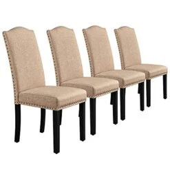 Yaheetech Dining Chairs Upholstered Parsons Chairs Kitchen Living Room Chairs With Rubber Wood Legs And Nailhead Trim, Fabric Side Chairs For Dining Room, Kitchen And Living Room, Set Of 4, Khaki