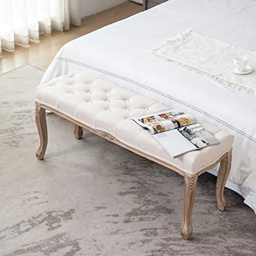 XRHOM Foot Stools Ottoman Entryway Bench Vanity Stool Shoe Bench Upholstered Dining Room Bench Foot Rest With Carved Pattern Solid Rubber Wood Legs For Bedroom, Beige 4 XRHOM Foot Stools Ottoman Entryway Bench Vanity Stool Shoe Bench Upholstered Dining Room Bench Foot Rest With Carved Pattern Solid Rubber Wood Legs For Bedroom, Beige - Image 2